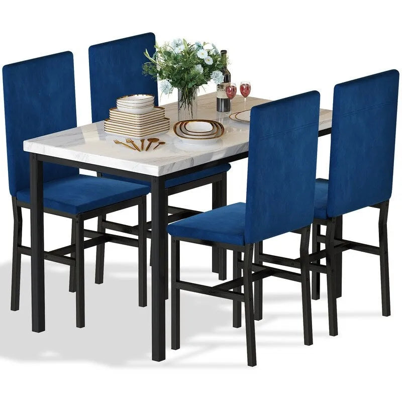 Ensemble de salle à manger décontracté Grondin Modern Style 5 pièces avec plateau en faux marbre et 4 chaises de salle à manger rembourrées en velours