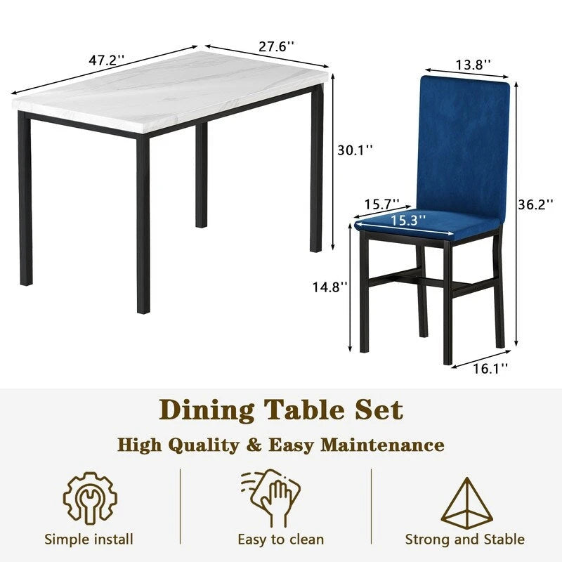 Ensemble de salle à manger décontracté Grondin Modern Style 5 pièces avec plateau en faux marbre et 4 chaises de salle à manger rembourrées en velours