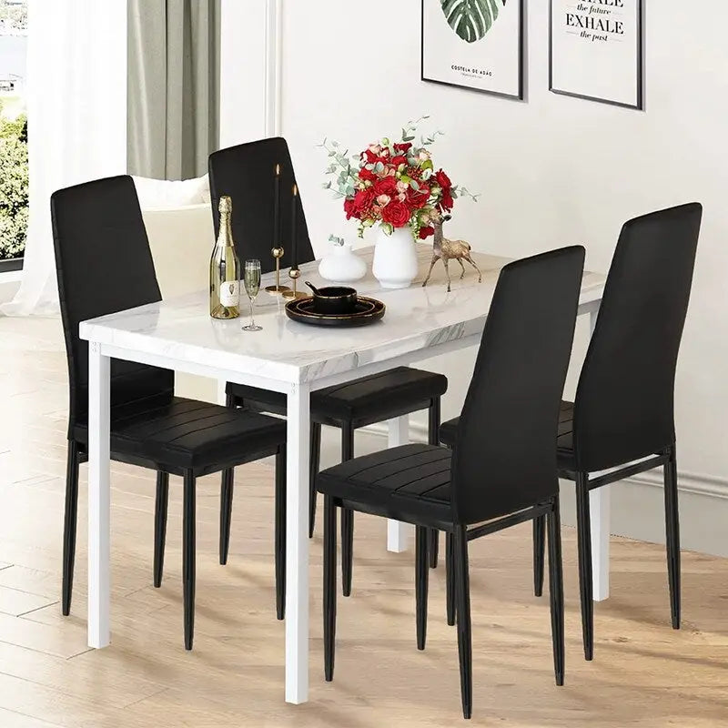 Ensemble de salle à manger de cuisine moderne 5 pièces, ensemble de dînette hauteur comptoir avec plateau aspect marbre et 4 chaises rembourrées en cuir PU