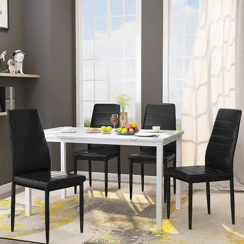 Ensemble de salle à manger de cuisine moderne 5 pièces, ensemble de dînette hauteur comptoir avec plateau aspect marbre et 4 chaises rembourrées en cuir PU