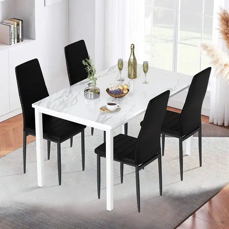 Ensemble de salle à manger de cuisine moderne 5 pièces, ensemble de dînette hauteur comptoir avec plateau aspect marbre et 4 chaises rembourrées en cuir PU