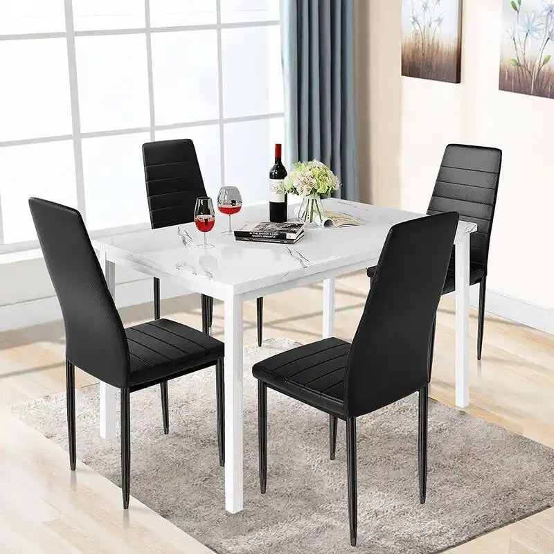 Ensemble de salle à manger de cuisine moderne 5 pièces, ensemble de dînette hauteur comptoir avec plateau aspect marbre et 4 chaises rembourrées en cuir PU