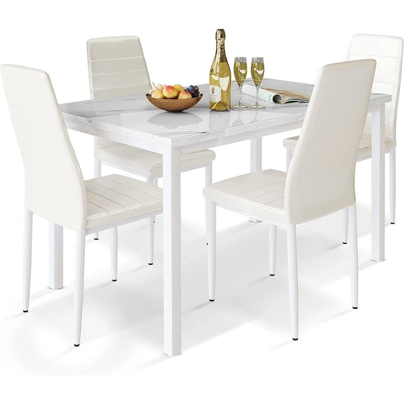 Ensemble de salle à manger de cuisine moderne 5 pièces, ensemble de dînette hauteur comptoir avec plateau aspect marbre et 4 chaises rembourrées en cuir PU