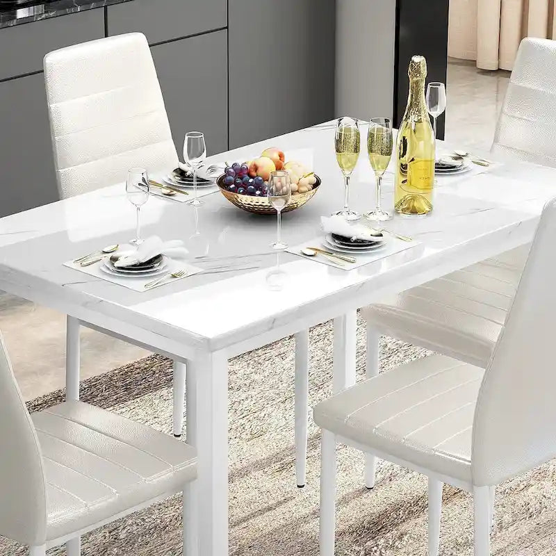 Ensemble de salle à manger de cuisine moderne 5 pièces, ensemble de dînette hauteur comptoir avec plateau aspect marbre et 4 chaises rembourrées en cuir PU