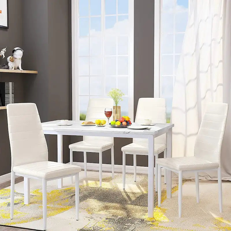 Ensemble de salle à manger de cuisine moderne 5 pièces, ensemble de dînette hauteur comptoir avec plateau aspect marbre et 4 chaises rembourrées en cuir PU