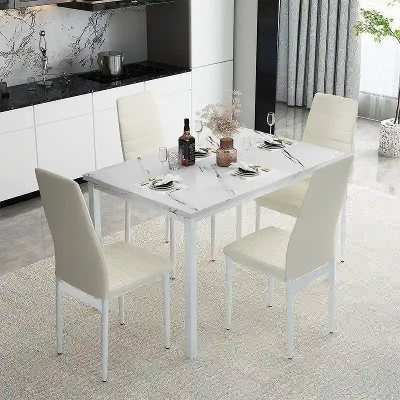 Ensemble de salle à manger de cuisine moderne 5 pièces, ensemble de dînette hauteur comptoir avec plateau aspect marbre et 4 chaises rembourrées en cuir PU