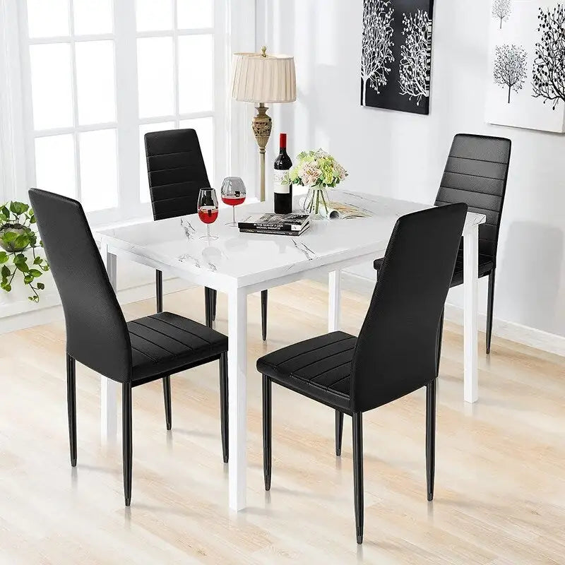 Ensemble de salle à manger de cuisine moderne 5 pièces, ensemble de dînette hauteur comptoir avec plateau aspect marbre et 4 chaises rembourrées en cuir PU