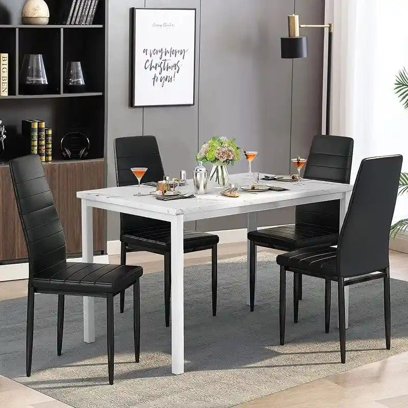 Ensemble de salle à manger de cuisine moderne 5 pièces, ensemble de dînette hauteur comptoir avec plateau aspect marbre et 4 chaises rembourrées en cuir PU