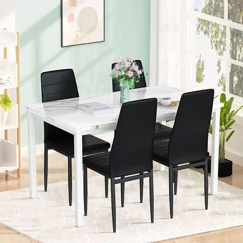 Ensemble de salle à manger de cuisine moderne 5 pièces, ensemble de dînette hauteur comptoir avec plateau aspect marbre et 4 chaises rembourrées en cuir PU