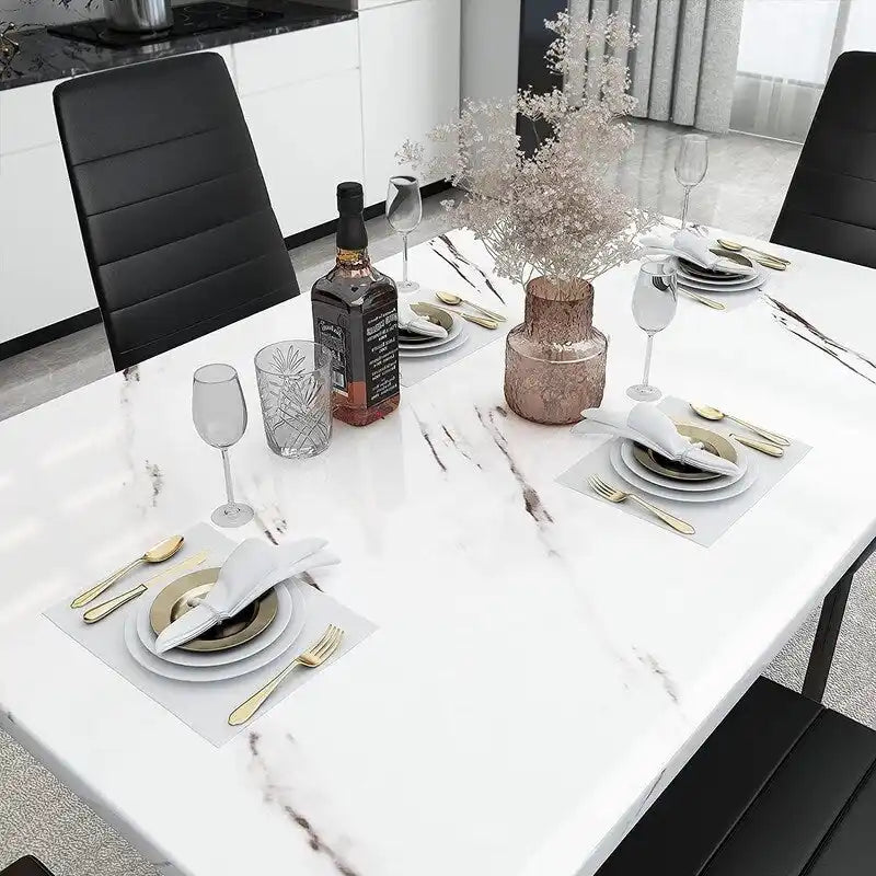 Ensemble de salle à manger de cuisine moderne 5 pièces, ensemble de dînette hauteur comptoir avec plateau aspect marbre et 4 chaises rembourrées en cuir PU