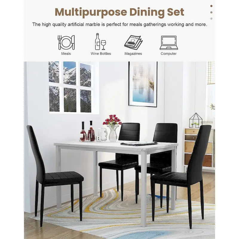 Ensemble de salle à manger de cuisine moderne 5 pièces, ensemble de dînette hauteur comptoir avec plateau aspect marbre et 4 chaises rembourrées en cuir PU