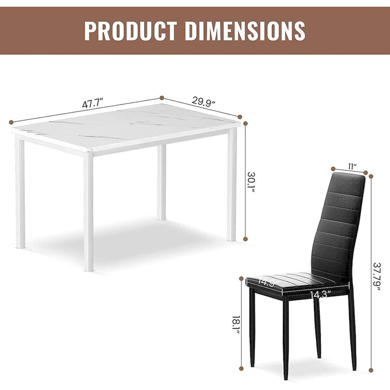 Ensemble de salle à manger de cuisine moderne 5 pièces, ensemble de dînette hauteur comptoir avec plateau aspect marbre et 4 chaises rembourrées en cuir PU