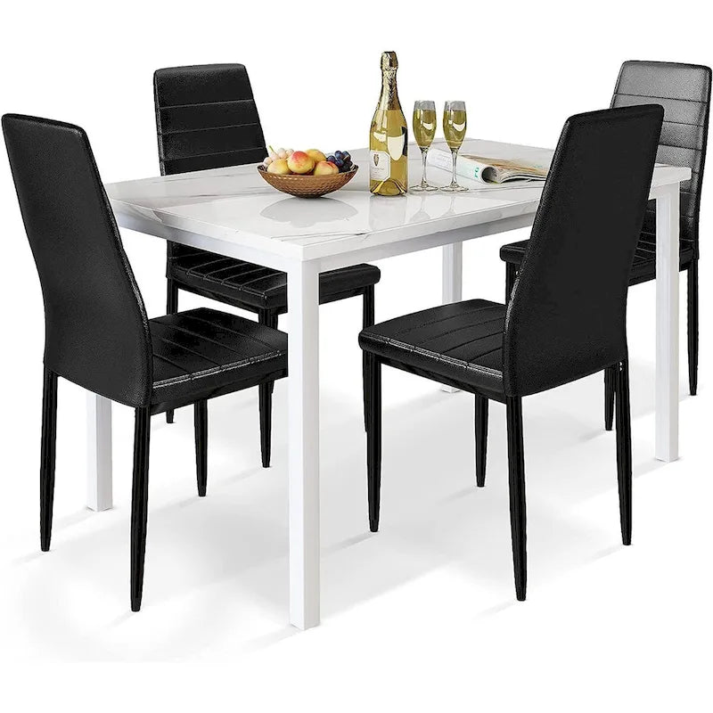 Ensemble de salle à manger de cuisine moderne 5 pièces, ensemble de dînette hauteur comptoir avec plateau aspect marbre et 4 chaises rembourrées en cuir PU