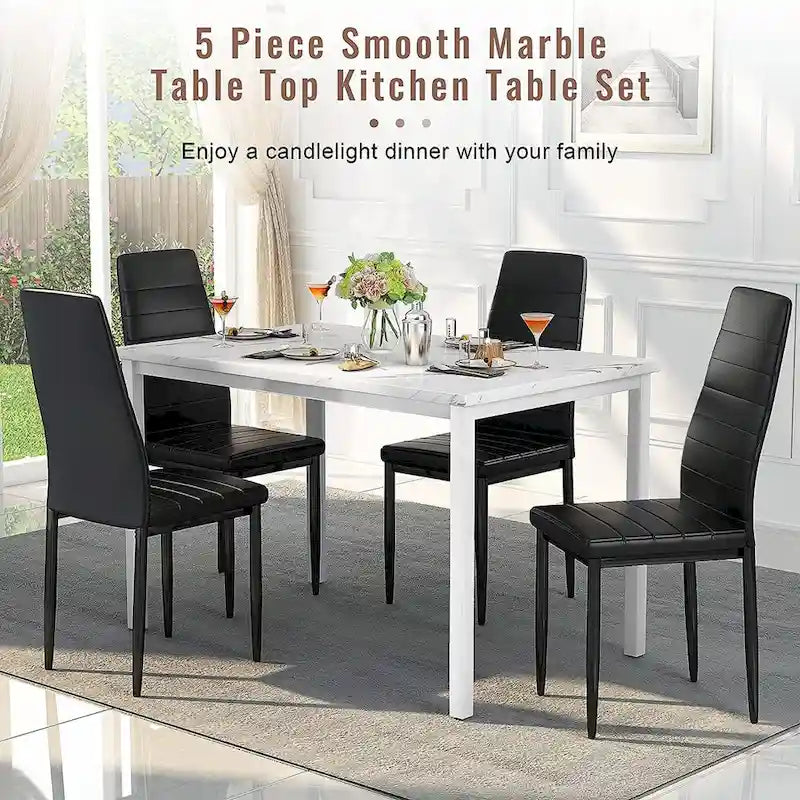 Ensemble de salle à manger de cuisine moderne 5 pièces, ensemble de dînette hauteur comptoir avec plateau aspect marbre et 4 chaises rembourrées en cuir PU