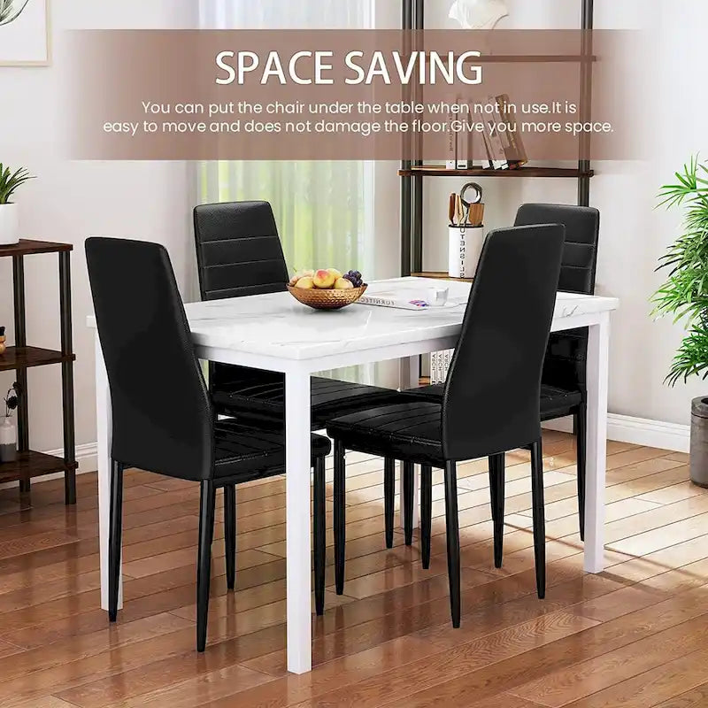 Ensemble de salle à manger de cuisine moderne 5 pièces, ensemble de dînette hauteur comptoir avec plateau aspect marbre et 4 chaises rembourrées en cuir PU