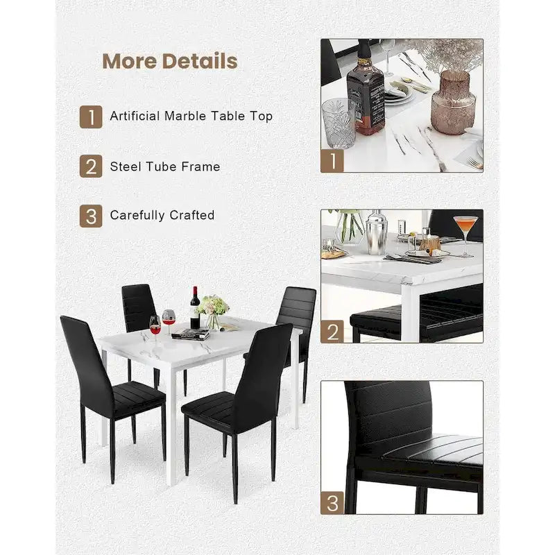 Ensemble de salle à manger de cuisine moderne 5 pièces, ensemble de dînette hauteur comptoir avec plateau aspect marbre et 4 chaises rembourrées en cuir PU