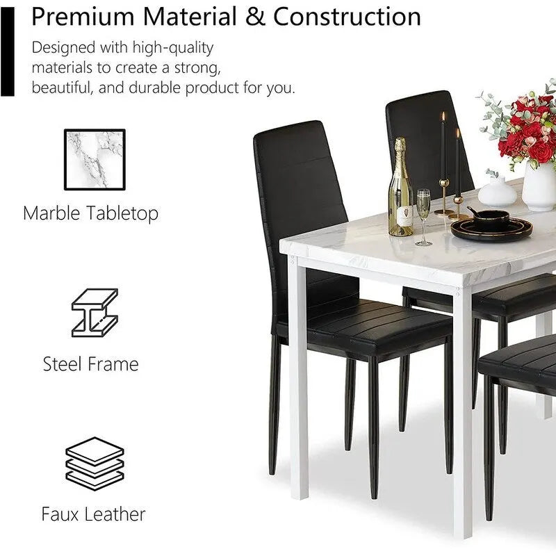 Ensemble de salle à manger de cuisine moderne 5 pièces, ensemble de dînette hauteur comptoir avec plateau aspect marbre et 4 chaises rembourrées en cuir PU