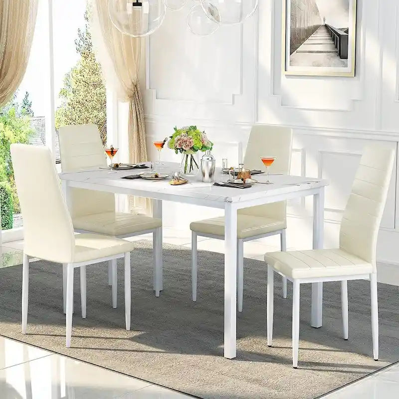 Ensemble de salle à manger de cuisine moderne 5 pièces, ensemble de dînette hauteur comptoir avec plateau aspect marbre et 4 chaises rembourrées en cuir PU