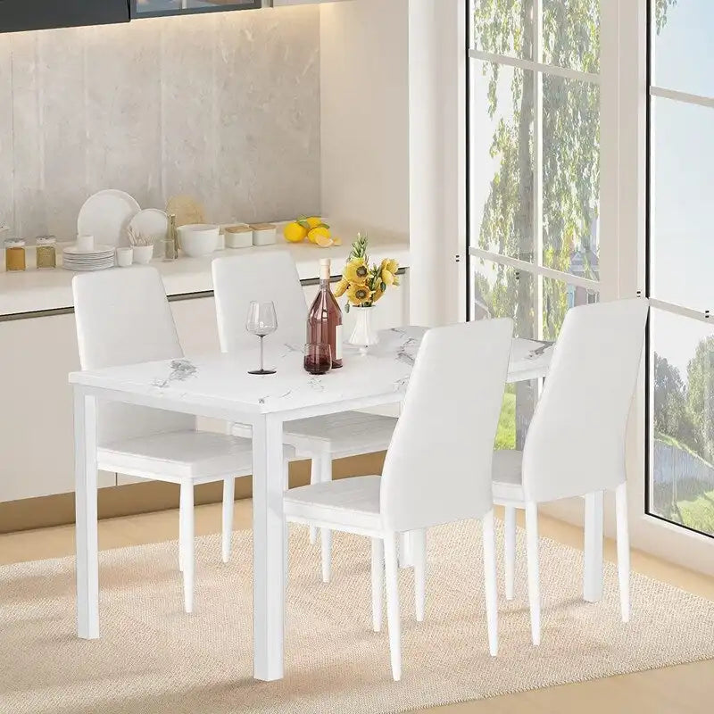 Ensemble de salle à manger de cuisine moderne 5 pièces, ensemble de dînette hauteur comptoir avec plateau aspect marbre et 4 chaises rembourrées en cuir PU