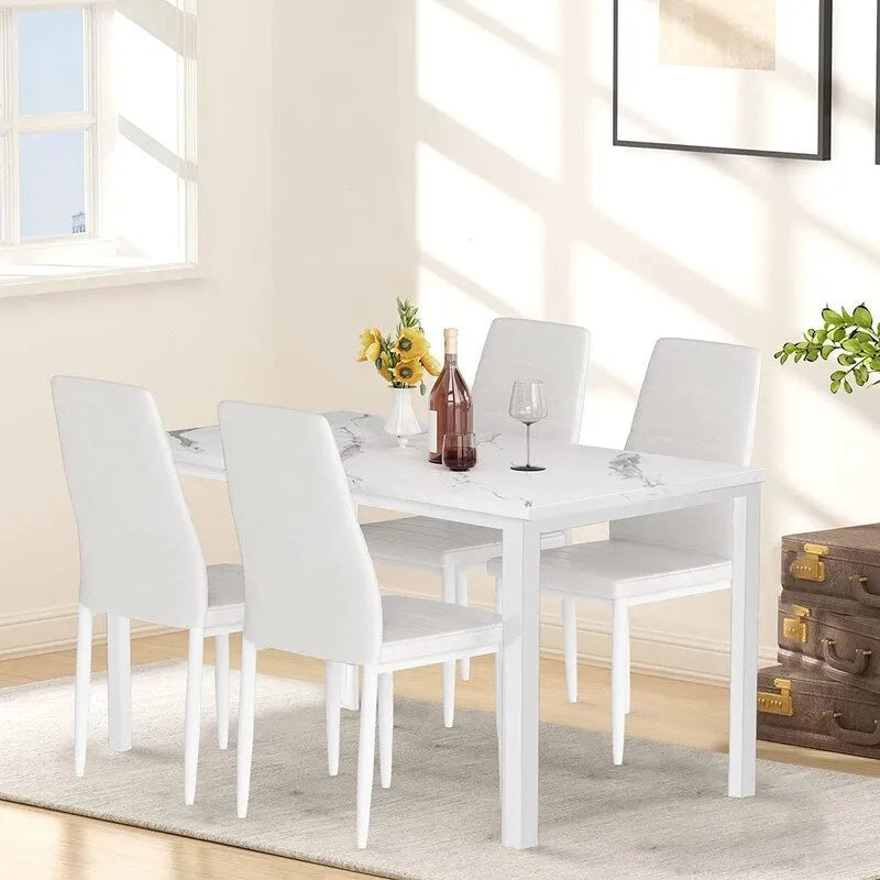 Ensemble de salle à manger de cuisine moderne 5 pièces, ensemble de dînette hauteur comptoir avec plateau aspect marbre et 4 chaises rembourrées en cuir PU