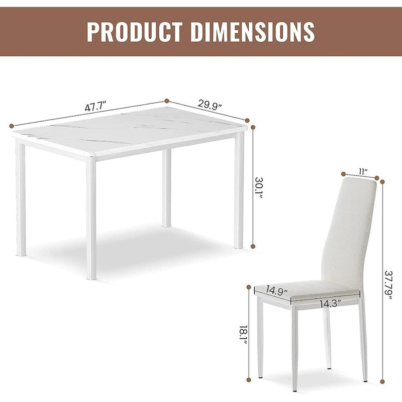 Ensemble de salle à manger de cuisine moderne 5 pièces, ensemble de dînette hauteur comptoir avec plateau aspect marbre et 4 chaises rembourrées en cuir PU