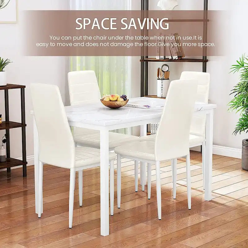 Ensemble de salle à manger de cuisine moderne 5 pièces, ensemble de dînette hauteur comptoir avec plateau aspect marbre et 4 chaises rembourrées en cuir PU