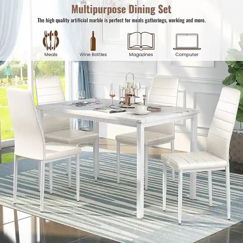 Ensemble de salle à manger de cuisine moderne 5 pièces, ensemble de dînette hauteur comptoir avec plateau aspect marbre et 4 chaises rembourrées en cuir PU