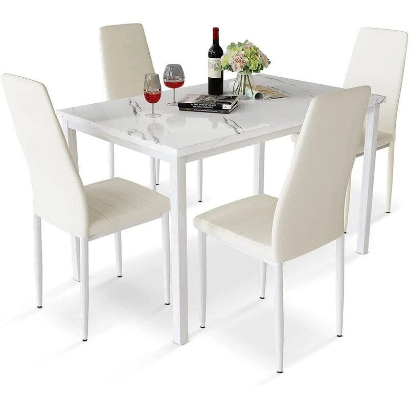 Ensemble de salle à manger de cuisine moderne 5 pièces, ensemble de dînette hauteur comptoir avec plateau aspect marbre et 4 chaises rembourrées en cuir PU