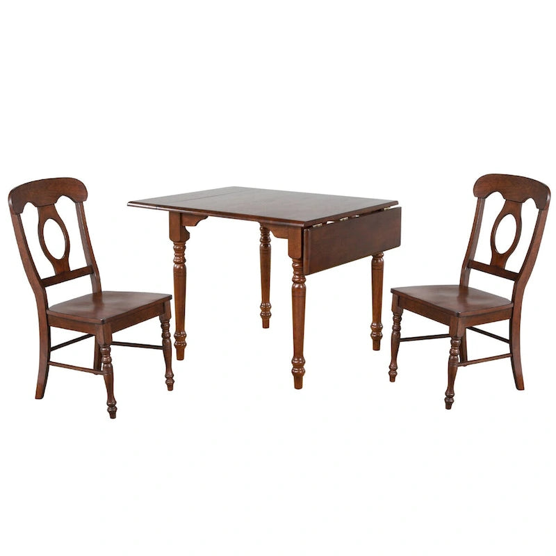 Ensemble de salle à manger Andrews 3 pièces en bois massif avec plateau marron châtaigne vieilli, rallonge à abattants et chaises Napoléon