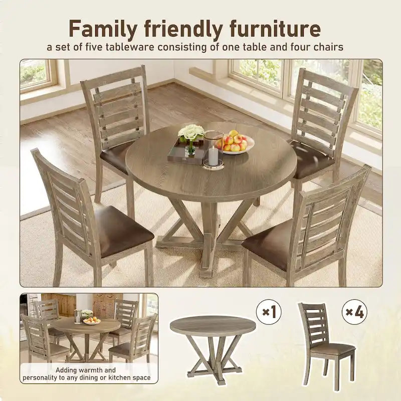 Ensemble de salle à manger 5 pièces, table ronde en bois massif, style rustique de ferme moderne, aspect vieilli
