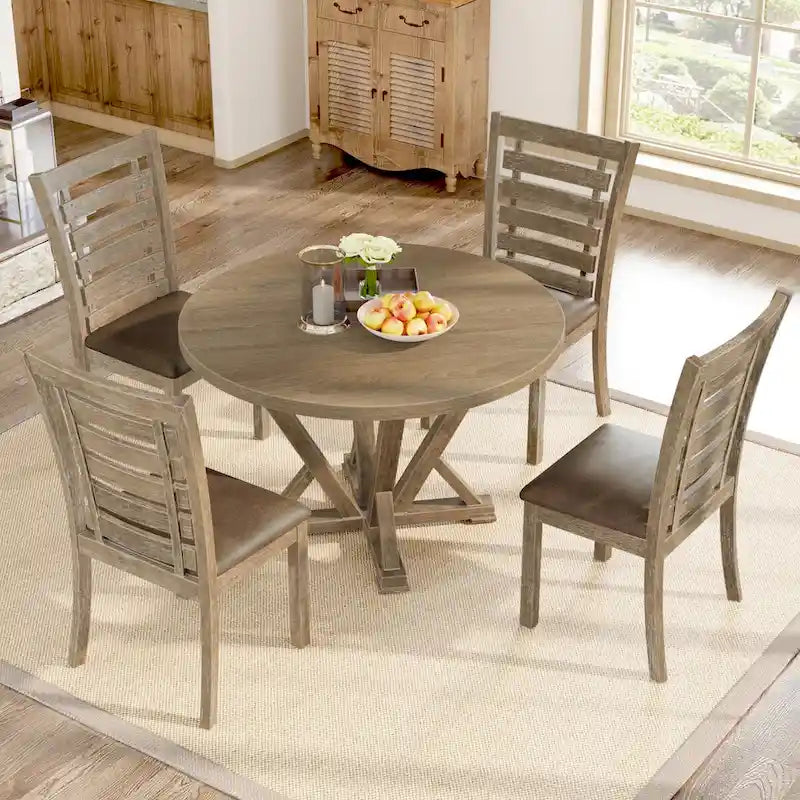 Ensemble de salle à manger 5 pièces, table ronde en bois massif, style rustique de ferme moderne, aspect vieilli