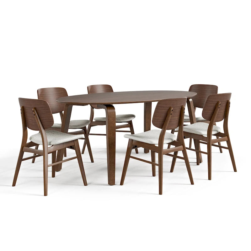 Ensemble de salle à manger ovale 7 pièces Beau I de style noyer mid-century par Furniture of America
