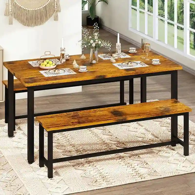 Ensemble de salle à manger industriel 3 pièces, ensemble de table de cuisine rétro en bois avec 2 bancs pour la maison, la cuisine, la salle à manger, le restaurant