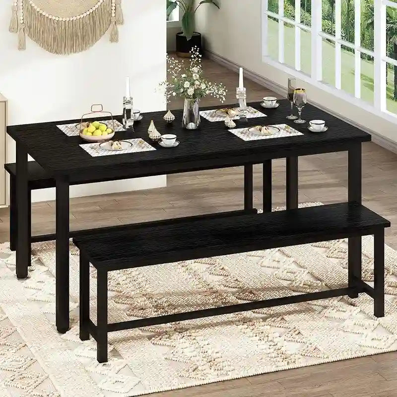 Ensemble de salle à manger industriel 3 pièces, ensemble de table de cuisine rétro en bois avec 2 bancs pour la maison, la cuisine, la salle à manger, le restaurant