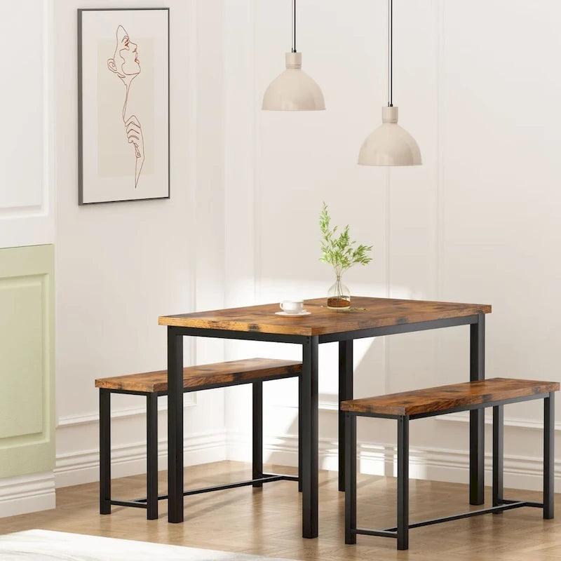 Ensemble de salle à manger industriel 3 pièces, ensemble de table de cuisine rétro en bois avec 2 bancs pour la maison, la cuisine, la salle à manger, le restaurant