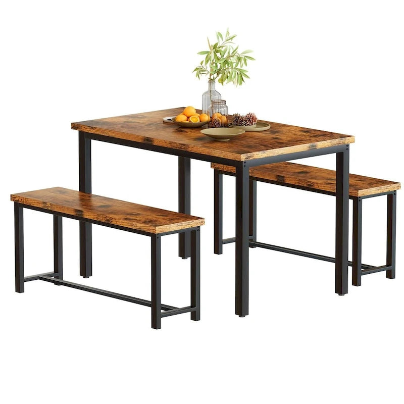 Ensemble de salle à manger industriel 3 pièces, ensemble de table de cuisine rétro en bois avec 2 bancs pour la maison, la cuisine, la salle à manger, le restaurant