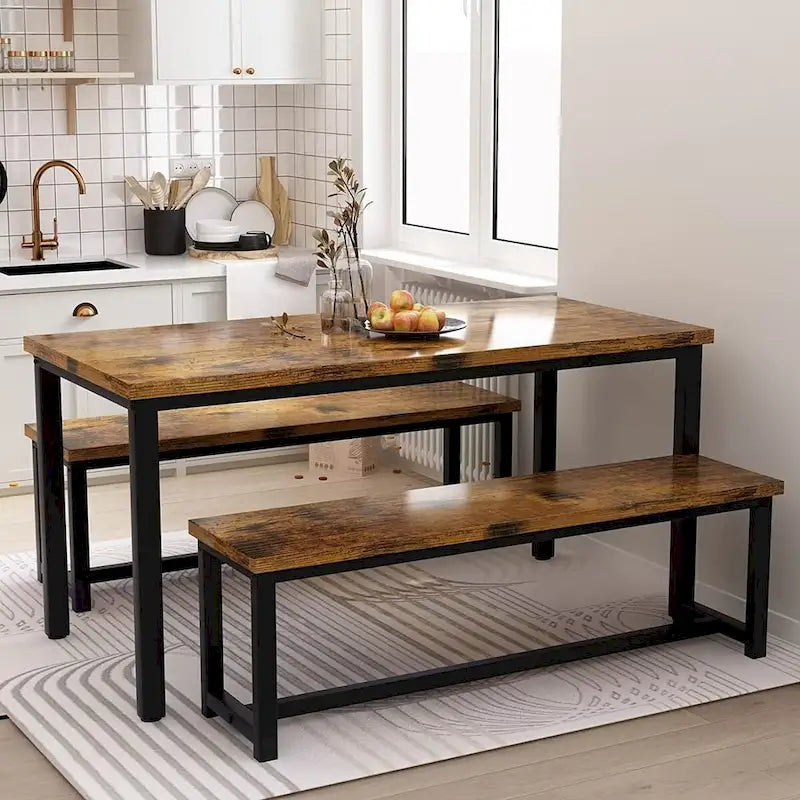 Ensemble de salle à manger industriel 3 pièces, ensemble de table de cuisine rétro en bois avec 2 bancs pour la maison, la cuisine, la salle à manger, le restaurant