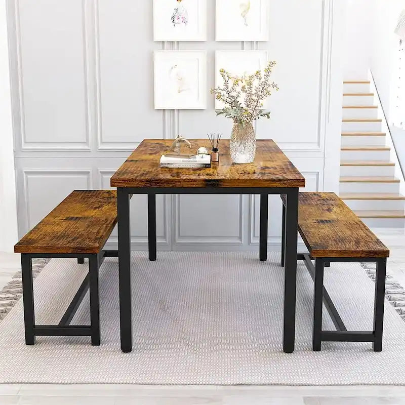Ensemble de salle à manger industriel 3 pièces, ensemble de table de cuisine rétro en bois avec 2 bancs pour la maison, la cuisine, la salle à manger, le restaurant