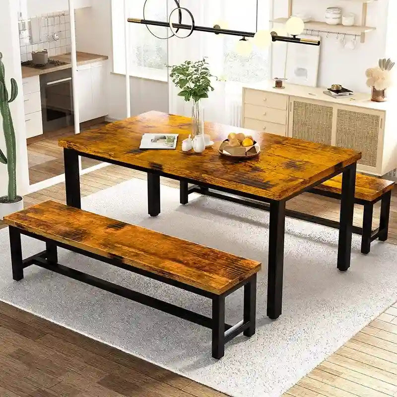 Ensemble de salle à manger industriel 3 pièces, ensemble de table de cuisine rétro en bois avec 2 bancs pour la maison, la cuisine, la salle à manger, le restaurant