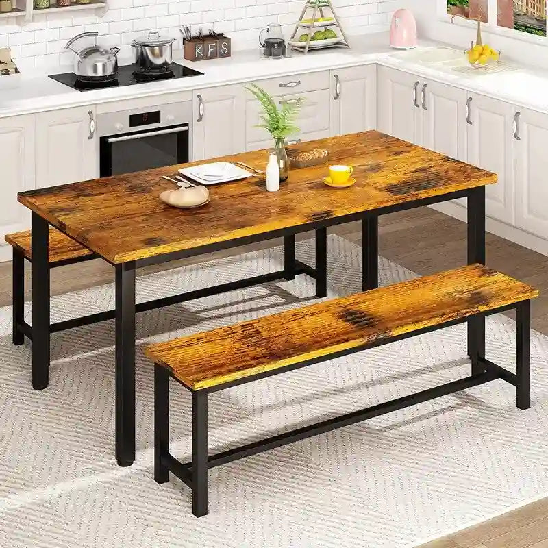 Ensemble de salle à manger industriel 3 pièces, ensemble de table de cuisine rétro en bois avec 2 bancs pour la maison, la cuisine, la salle à manger, le restaurant