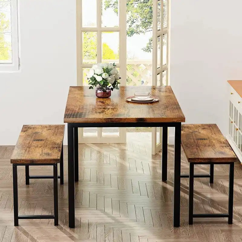 Ensemble de salle à manger industriel 3 pièces, ensemble de table de cuisine rétro en bois avec 2 bancs pour la maison, la cuisine, la salle à manger, le restaurant