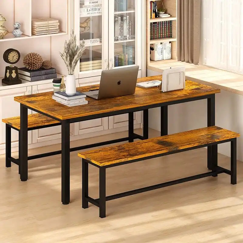 Ensemble de salle à manger industriel 3 pièces, ensemble de table de cuisine rétro en bois avec 2 bancs pour la maison, la cuisine, la salle à manger, le restaurant