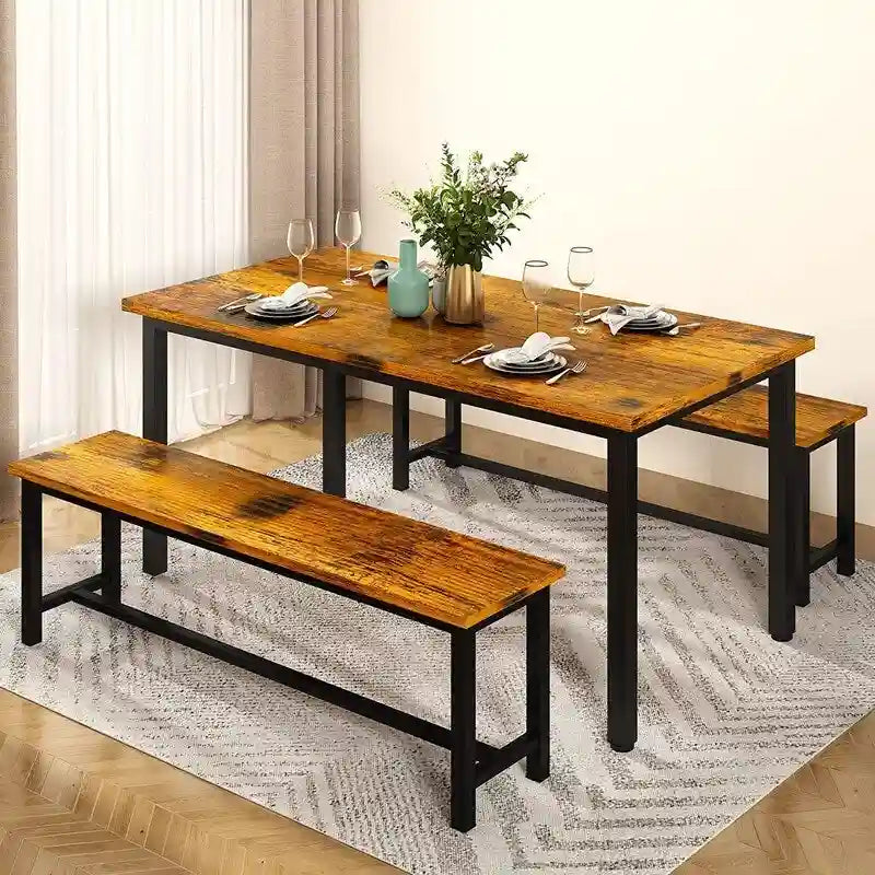 Ensemble de salle à manger industriel 3 pièces, ensemble de table de cuisine rétro en bois avec 2 bancs pour la maison, la cuisine, la salle à manger, le restaurant