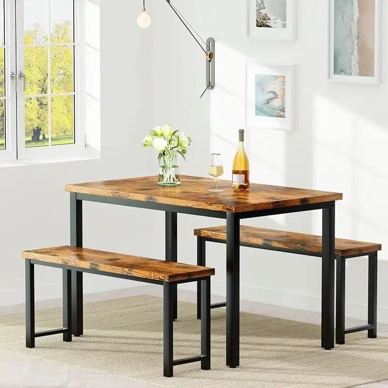 Ensemble de salle à manger industriel 3 pièces, ensemble de table de cuisine rétro en bois avec 2 bancs pour la maison, la cuisine, la salle à manger, le restaurant