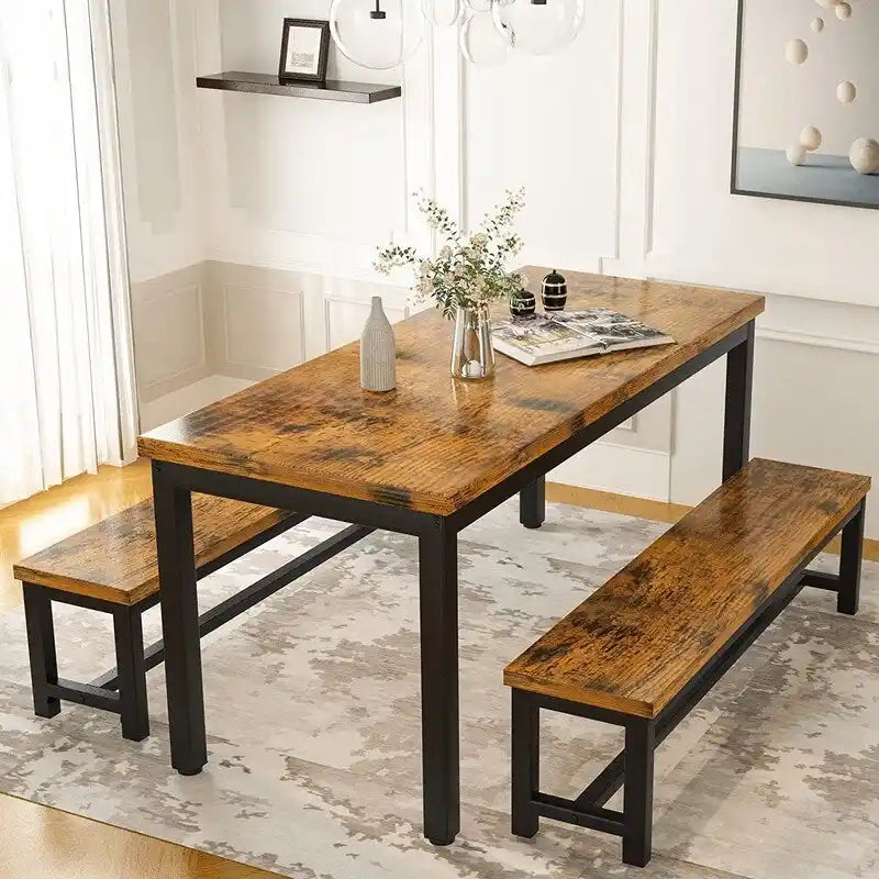 Ensemble de salle à manger industriel 3 pièces, ensemble de table de cuisine rétro en bois avec 2 bancs pour la maison, la cuisine, la salle à manger, le restaurant