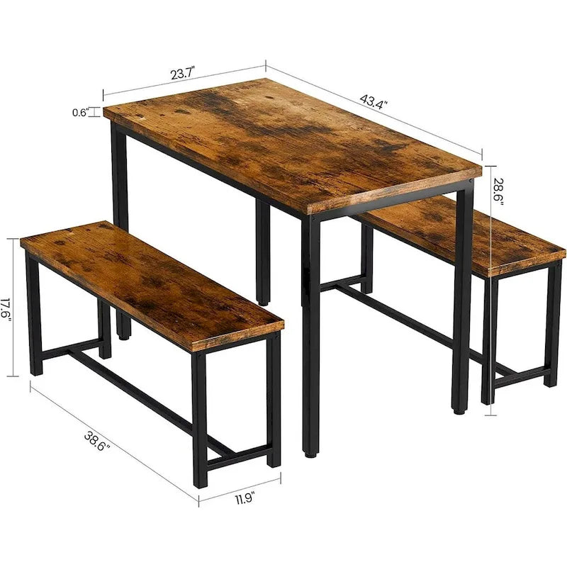 Ensemble de salle à manger industriel 3 pièces, ensemble de table de cuisine rétro en bois avec 2 bancs pour la maison, la cuisine, la salle à manger, le restaurant