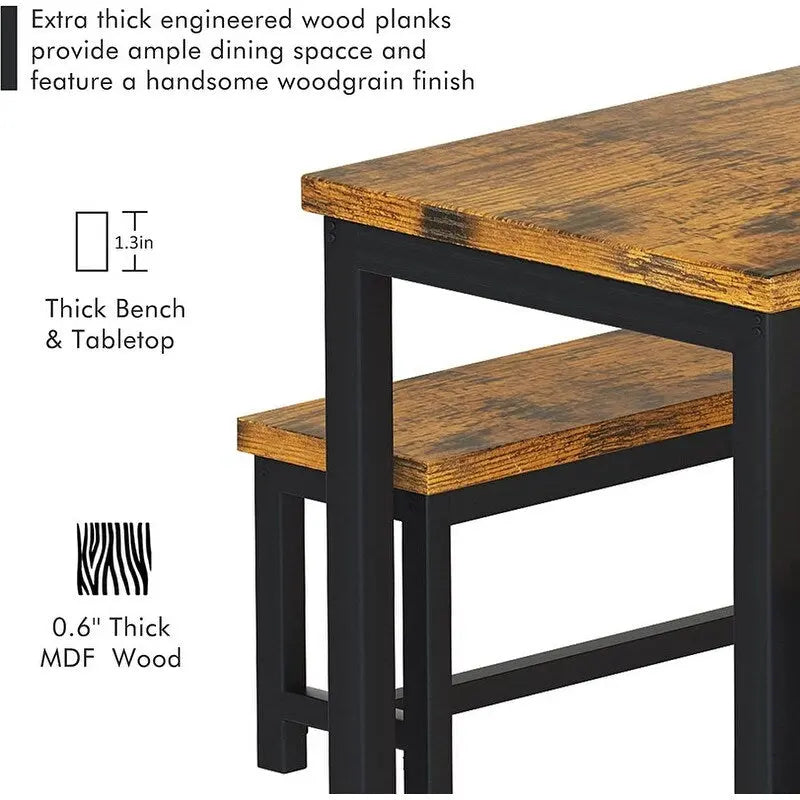 Ensemble de salle à manger industriel 3 pièces, ensemble de table de cuisine rétro en bois avec 2 bancs pour la maison, la cuisine, la salle à manger, le restaurant