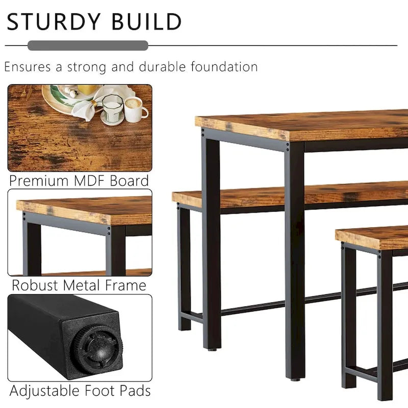 Ensemble de salle à manger industriel 3 pièces, ensemble de table de cuisine rétro en bois avec 2 bancs pour la maison, la cuisine, la salle à manger, le restaurant