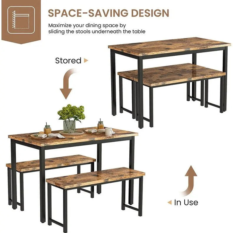 Ensemble de salle à manger industriel 3 pièces, ensemble de table de cuisine rétro en bois avec 2 bancs pour la maison, la cuisine, la salle à manger, le restaurant