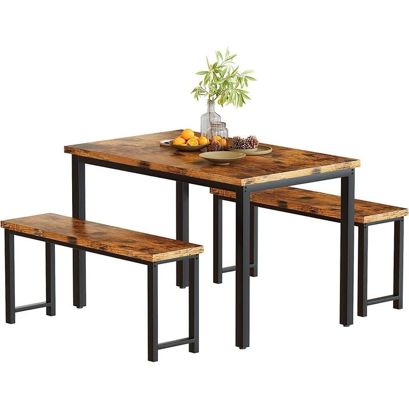 Ensemble de salle à manger industriel 3 pièces, ensemble de table de cuisine rétro en bois avec 2 bancs pour la maison, la cuisine, la salle à manger, le restaurant